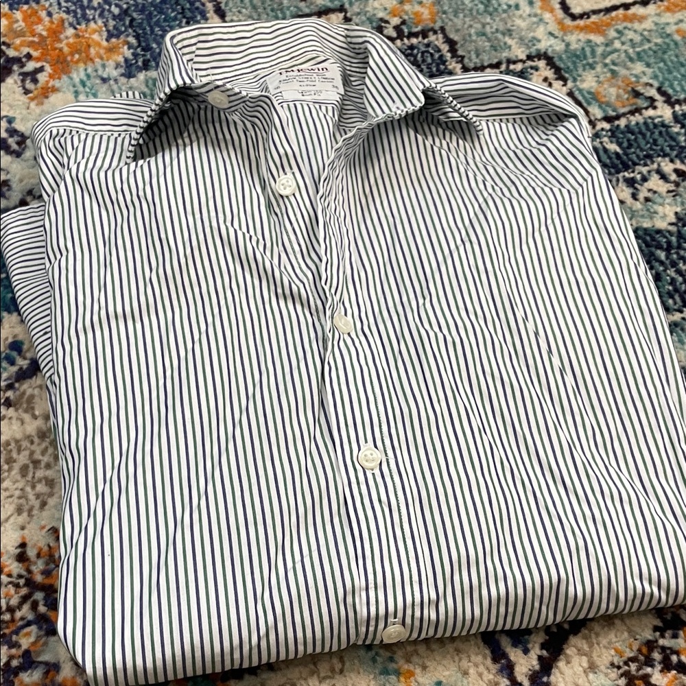 T.M.Lewin Men's Striped Button Down Shirt - Navy and Green